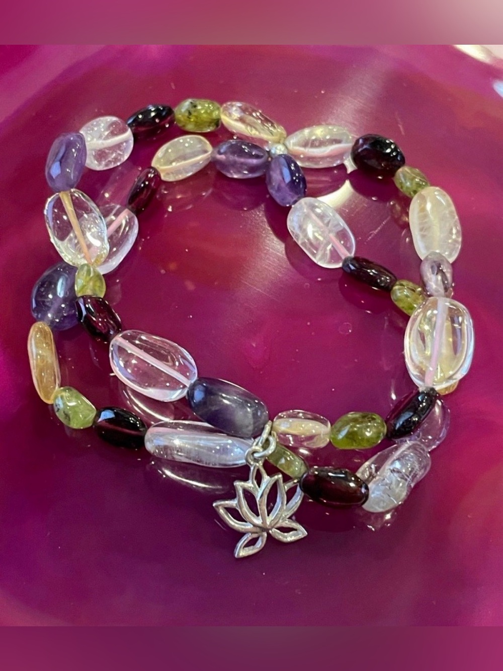 Polished Multi Gemstone Sterling Silver Lotus Flower Charm Bracelet  #6623